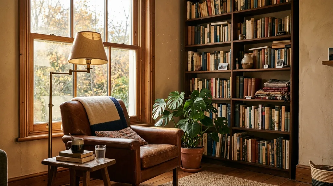 Sonnenlicht fällt durch ein Fenster in ein Wohnzimmer und macht feinen Staub in der Luft sichtbar