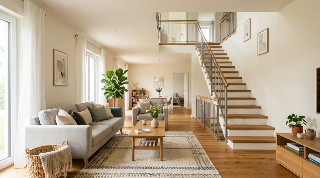 Blick in einen hellen Wohnraum mit Teppich, Sofa und offener Treppe ins Obergeschoss