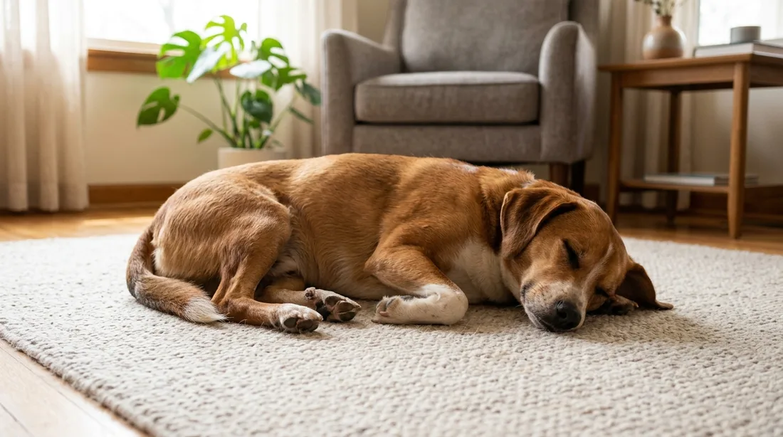Hund liegt schlafend auf einem hellen Schlingenteppich im Wohnzimmer